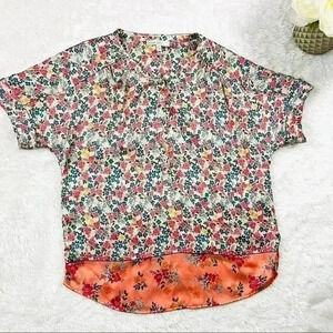 Pale Sky Multicolored Floral Print Quarter Button Short Dolman Sleeve Top Size S